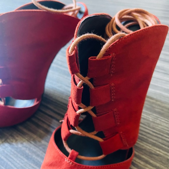 Nasty Gal Lace Up Heels in Rust Red - Picture 6 of 9